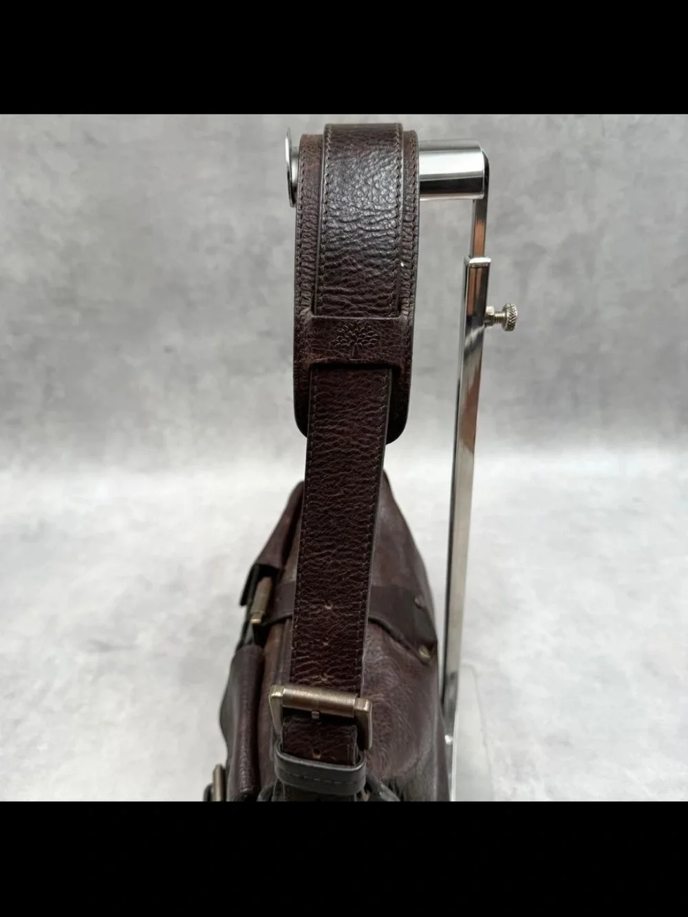 Mulberry Dark Brown Pebbled Leather Shoulder Bag with Buckle Pockets